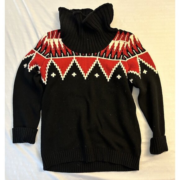 Lauren Ralph Lauren Women Aztec Tribal Sweater M Red Black Cowl Neck Wool Blend - Picture 1 of 5